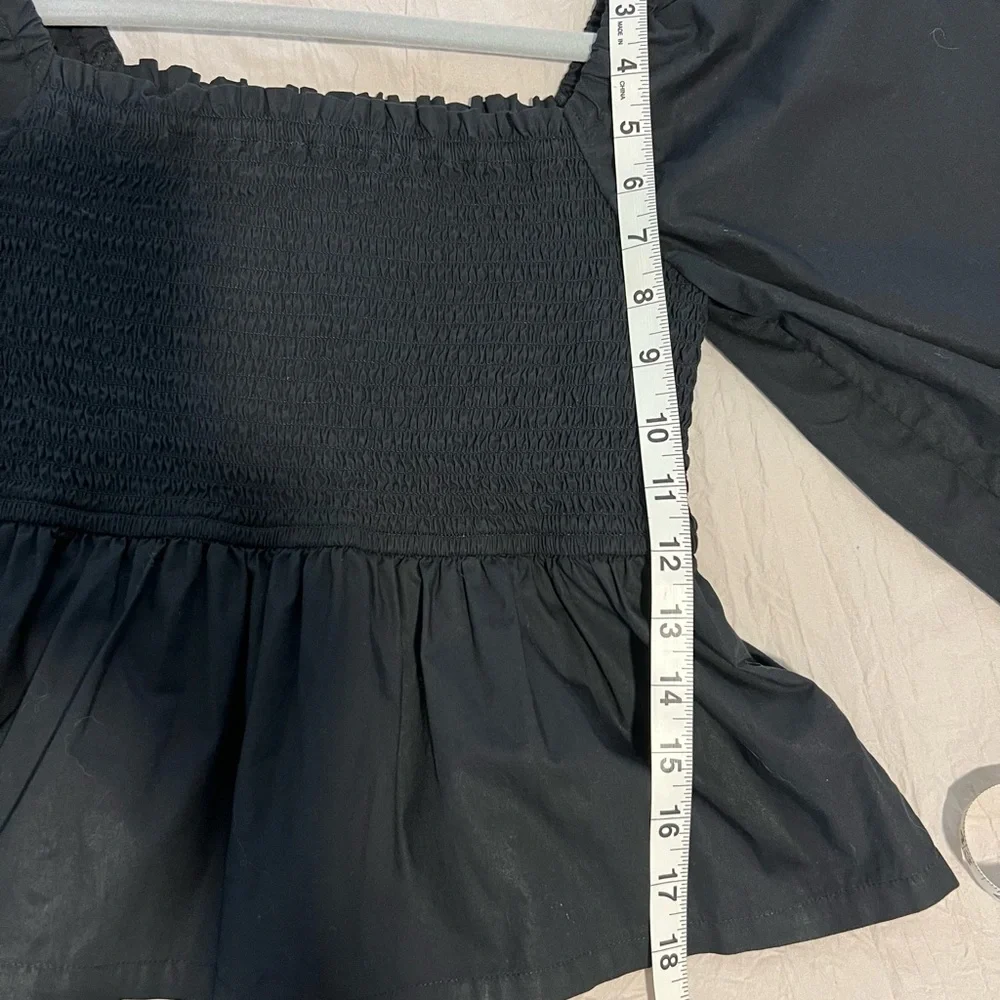 J. Crew Black Smocked Square-Neck Peplum Top Poplin Cotton SZ S EUC
